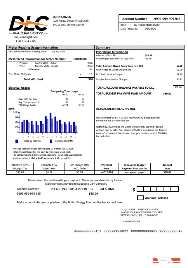 USA Pennsylvania Duquesne light utility bill template in Word and PDF format